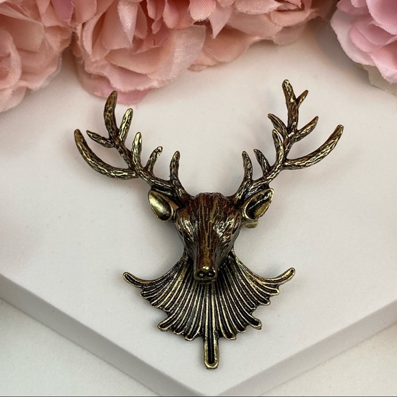 Antiqued Bronze Buck Deer Head Brooch Lapel Pin - Picture 11 of 14